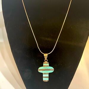 Modern Design Silver and Turquoise Inlaid Cross